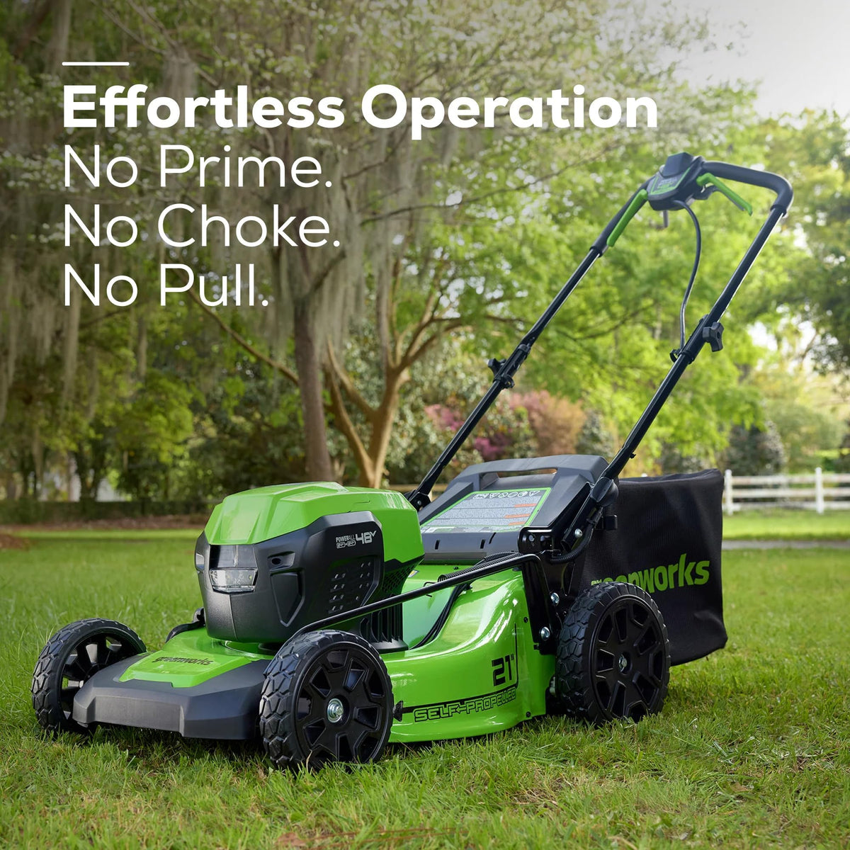 Greenworks 21-inch steel deck close-up emphasizes durable construction