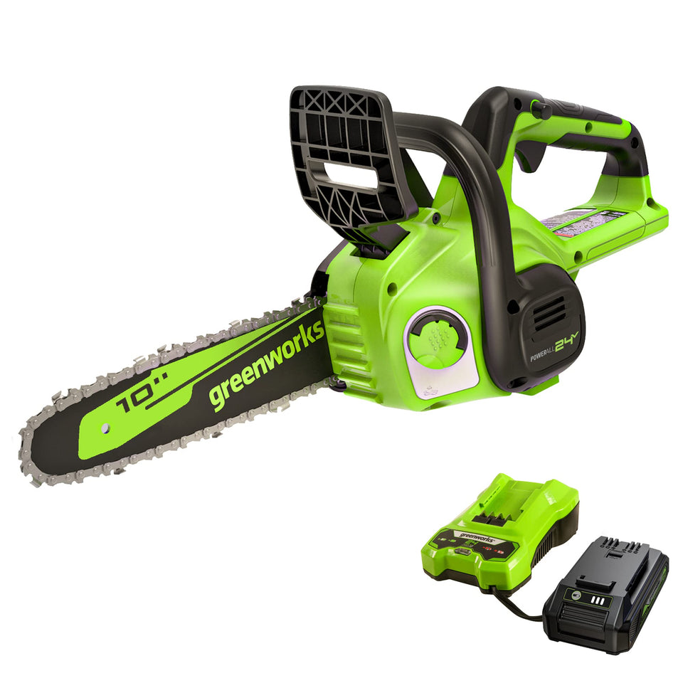 Greenworks 24V 10in chainsaw with battery included for easy setup and outdoor use