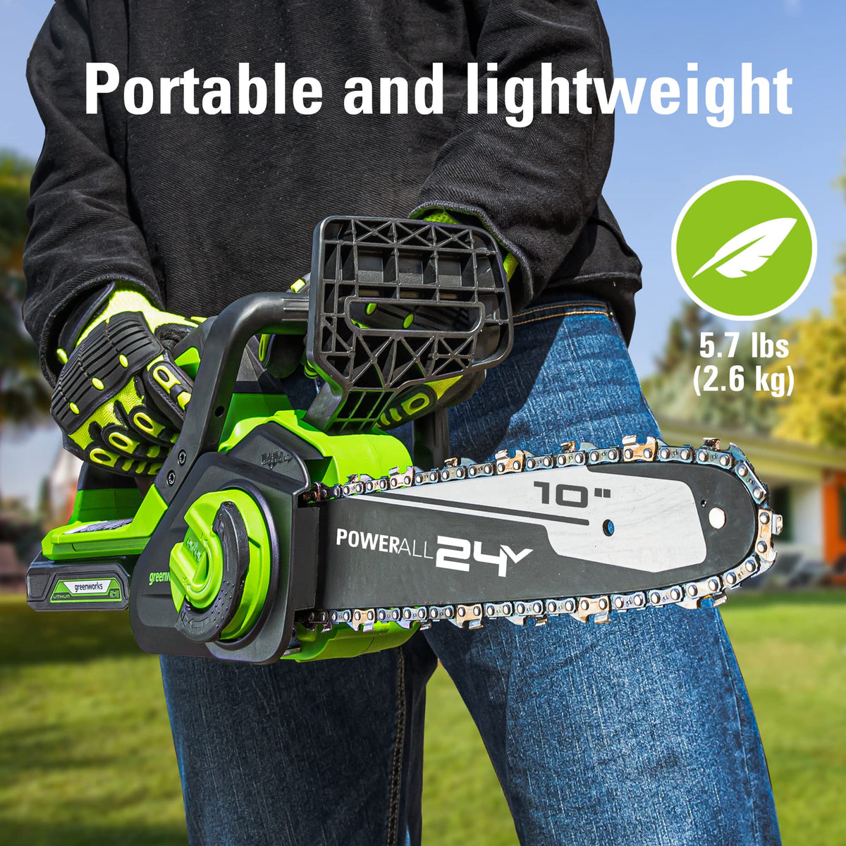 Greenworks 24V 10in chainsaw electric start provides instant power