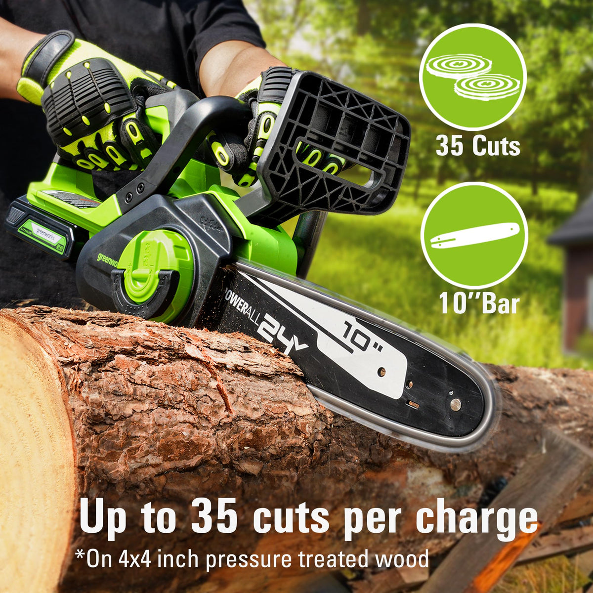 Greenworks 24V 10in chainsaw with low kickback bar enables safer cuts