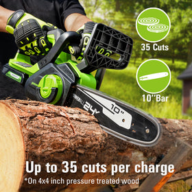 Greenworks 24V 10in chainsaw with low kickback bar enables safer cuts