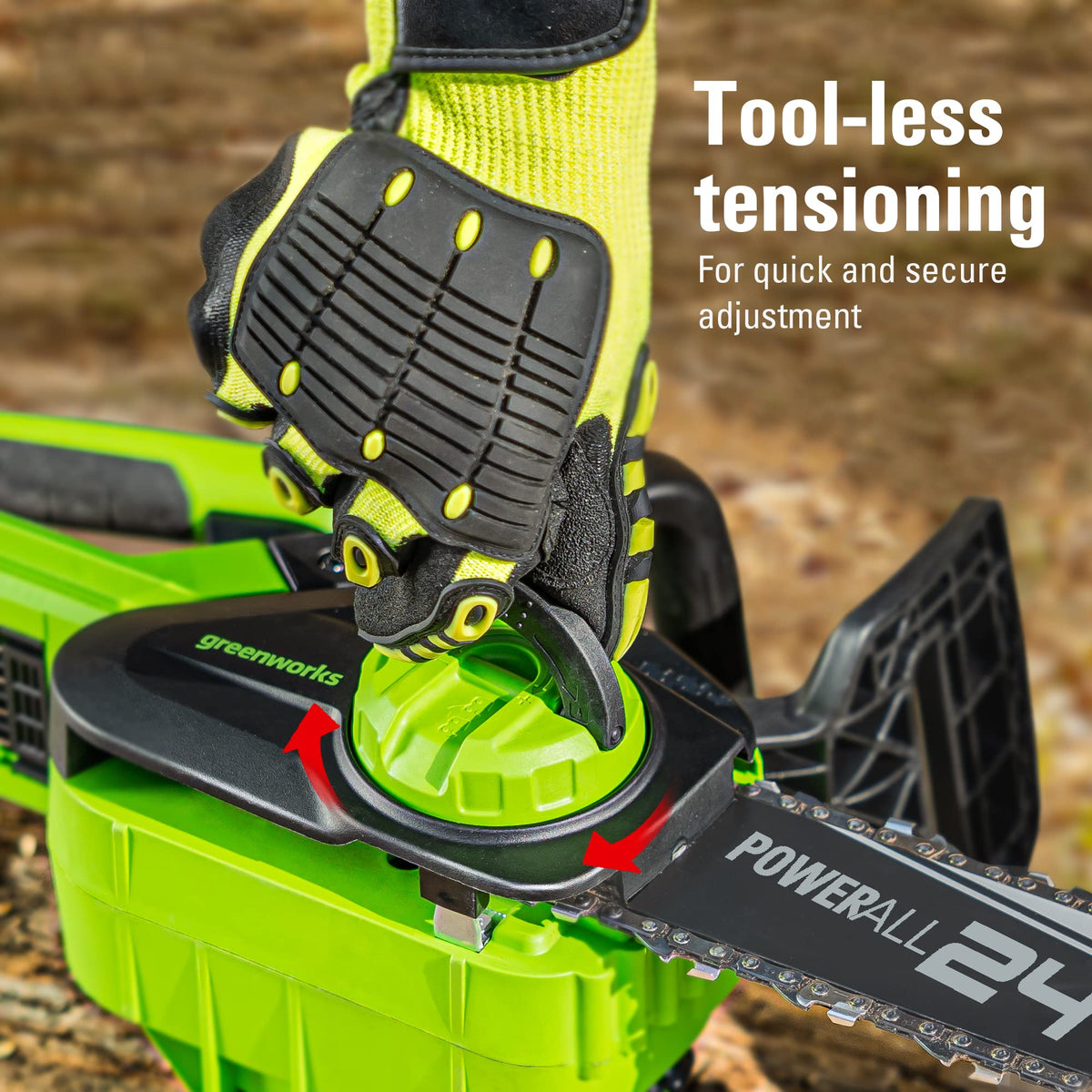 Greenworks 24V 10in chainsaw tool-less tensioning for quick adjustments