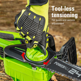 Greenworks 24V 10in chainsaw tool-less tensioning for quick adjustments