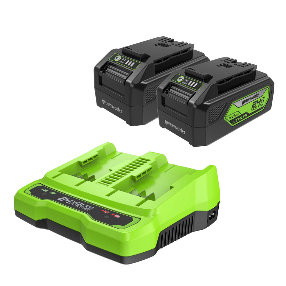 Greenworks 24V 4Ah USB battery 2-pack provides portable power for outdoor tools.