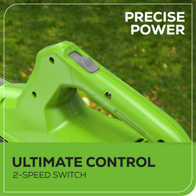 Greenworks 24V blower concentrated nozzle targets debris in tight corners.