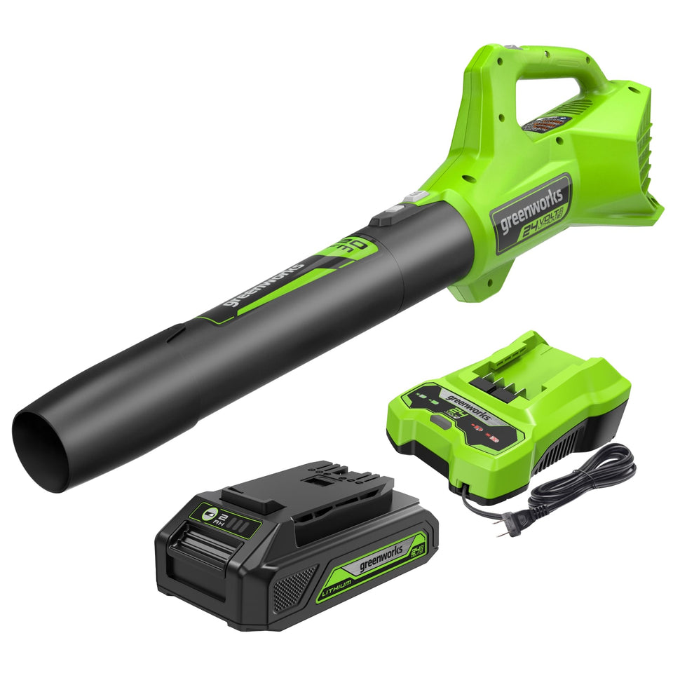 Greenworks 24V blower front view highlights a compact design for easy maneuvering.