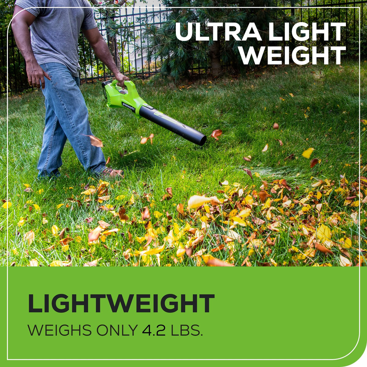Greenworks 24V blower variable speed dial lets you adjust power easily.