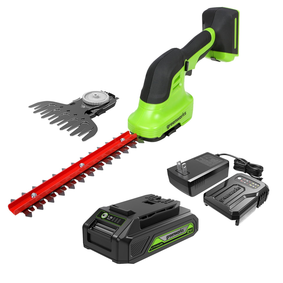 Greenworks 24V cordless shear shrubber with grass shear blade for precise trimming