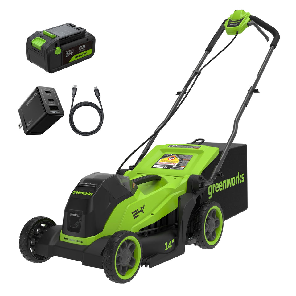 Greenworks 24V lawn mower with a 14-inch deck for tight spaces and precise cuts.