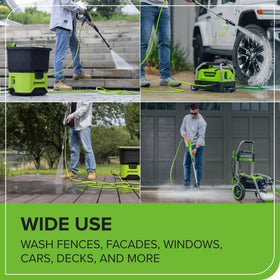 Greenworks 25ft high-pressure hose storage keeps your workspace tidy.