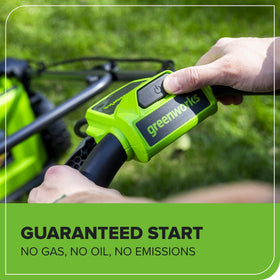 Greenworks 2in1 mulch bag switch for flexible lawn maintenance and finish.