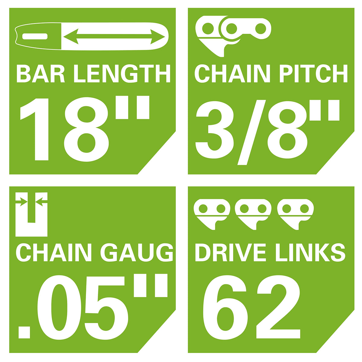 GreenWorks 3/8-inch pitch, 0.05-inch gauge chain for smooth, reliable cuts.