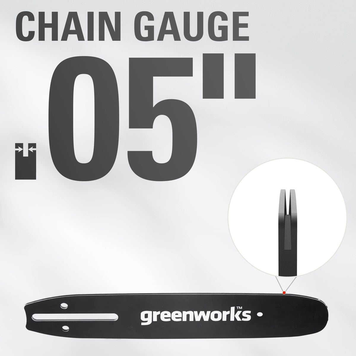 Greenworks 3-8-inch pitch chain closeup reduces snagging and smooths cuts.