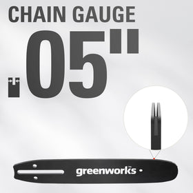 Greenworks 3-8-inch pitch chain closeup reduces snagging and smooths cuts.