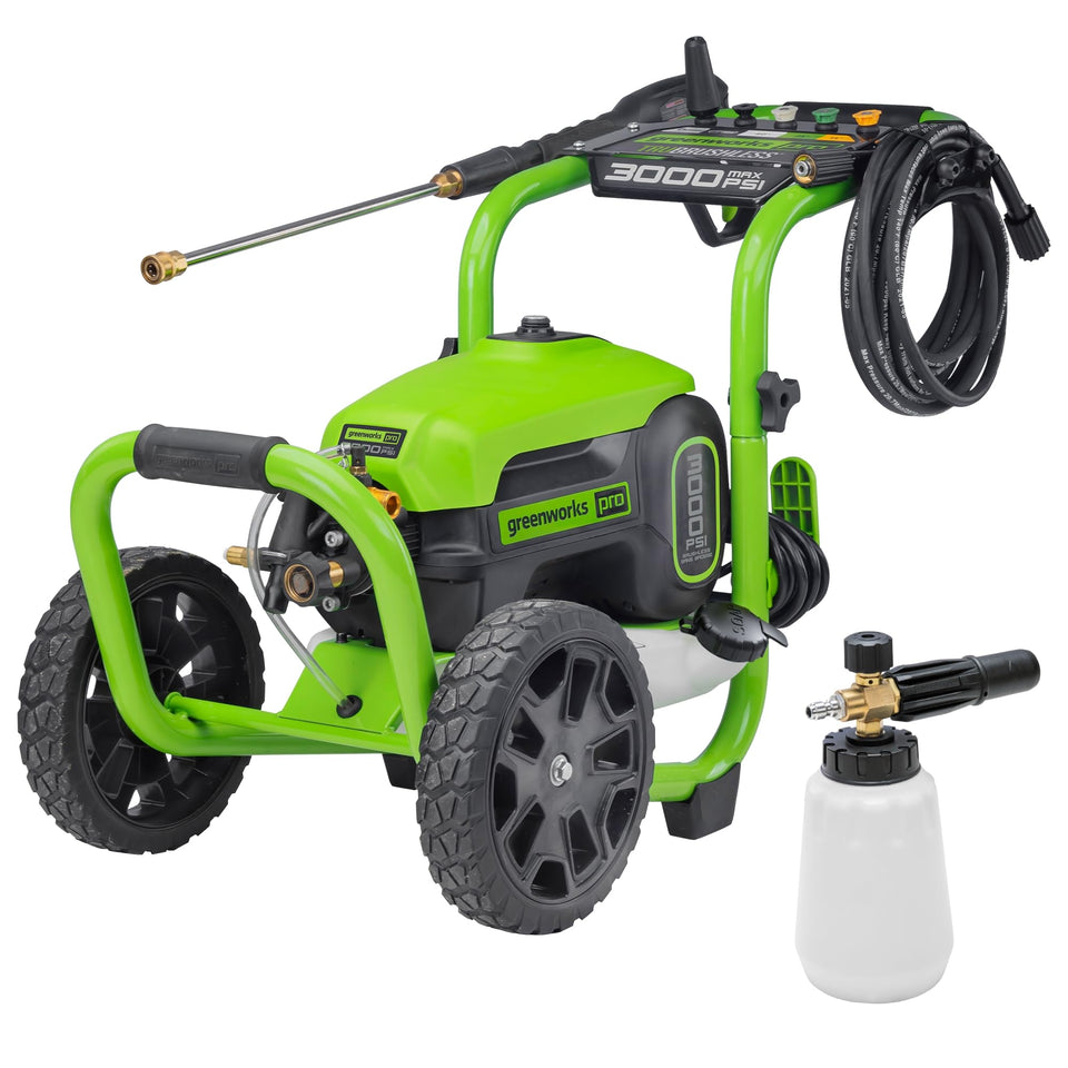 Greenworks 3000 PSI pressure washer front view for heavy exterior cleaning.