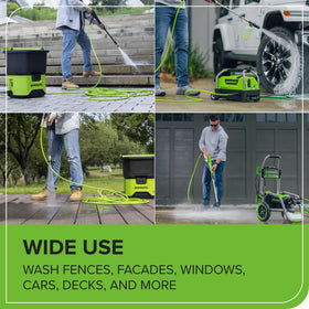 Greenworks 35ft high-pressure hose coiled for compact storage after use.