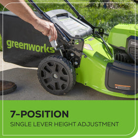 Greenworks 4-in-1 cutting system for mulch, bag, side discharge, and leaf pickup