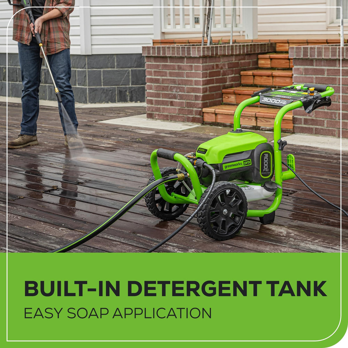 Greenworks 40-degree nozzle offers soft washing for siding.