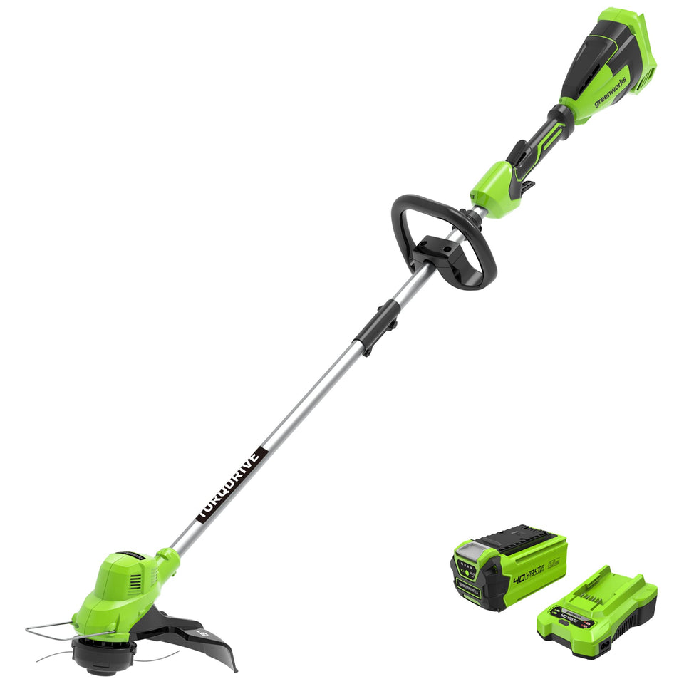 Greenworks 40V trimmer with a 15in cutting path for clean edges.