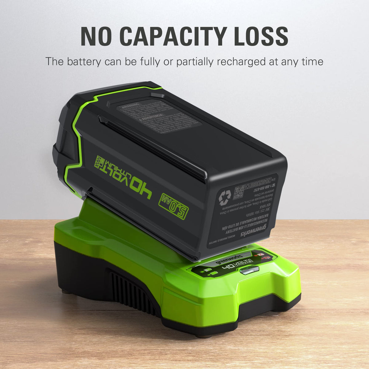 Greenworks 40V 5Ah battery charging stand with compatible charger