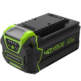 Greenworks 40V 5Ah battery front view showing compact design and fade-free power