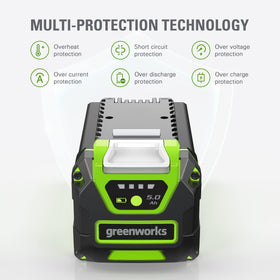 Greenworks 40V 5Ah battery side view highlighting easy snap-in fit