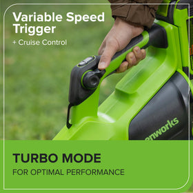 Greenworks 40V blower with 5Ah battery, extended runtime for longer sessions.