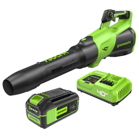 Greenworks 40V axial blower front view, compact power for quick yard cleanup.