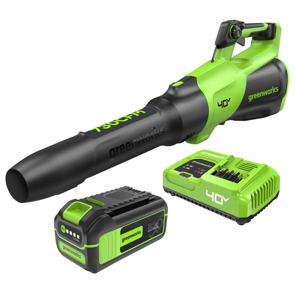 Greenworks 40V axial blower front view, compact power for quick yard cleanup.
