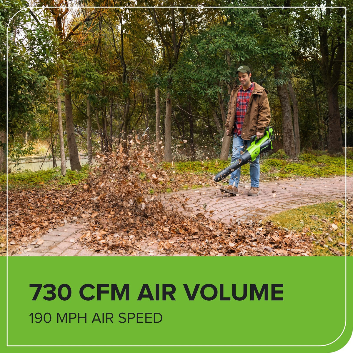 Greenworks 40V axial blower side view, lightweight design reduces user fatigue.