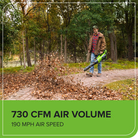 Greenworks 40V axial blower side view, lightweight design reduces user fatigue.