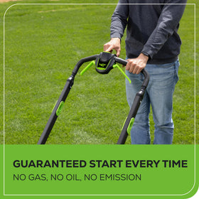 Greenworks 40V battery powering a cordless mowing session.