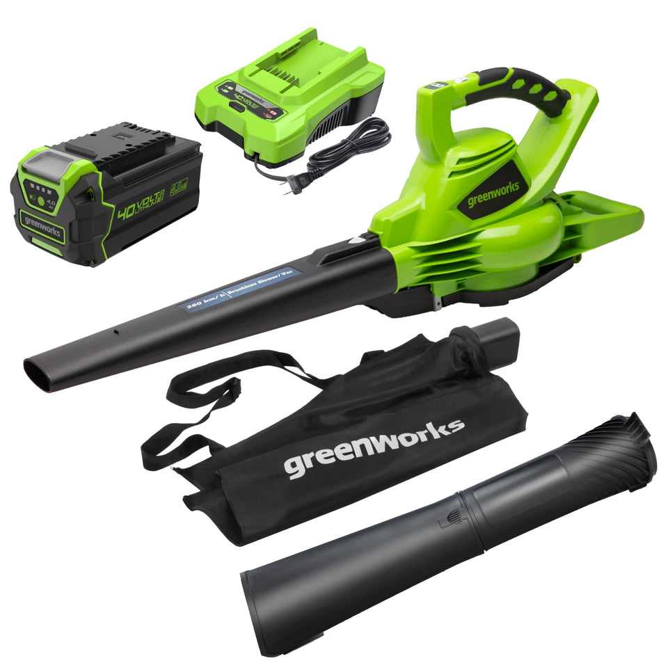 Greenworks 40V blower-vacuum unit ready for cordless yard cleanup