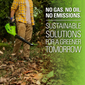 Greenworks 40V leaf blower in action on a patio.
