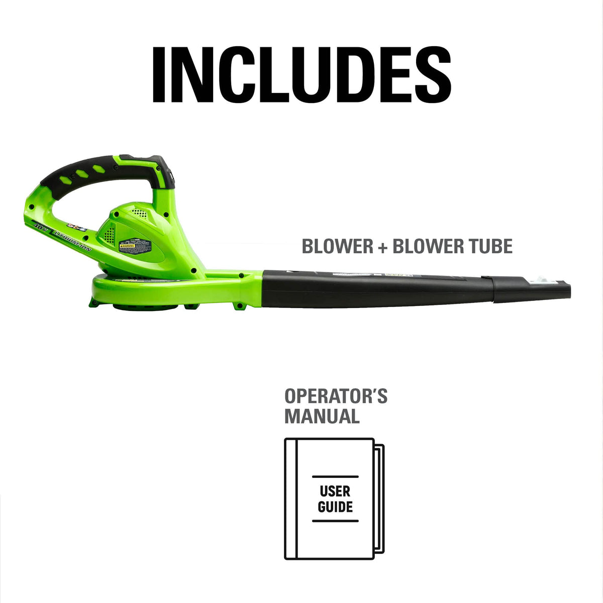 Greenworks 40V leaf blower tool-only with quick start manual.