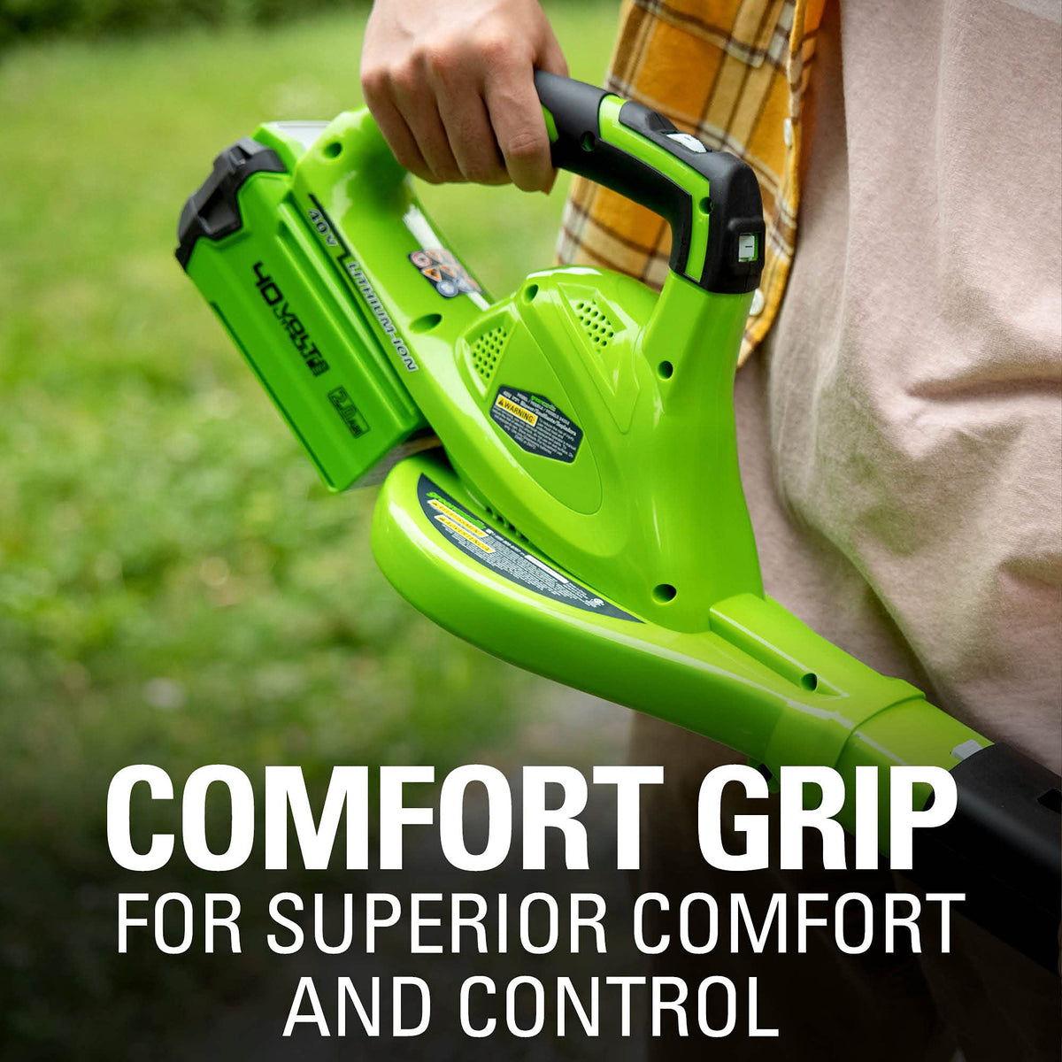 Greenworks 40V leaf blower variable speed dial for precise power control.