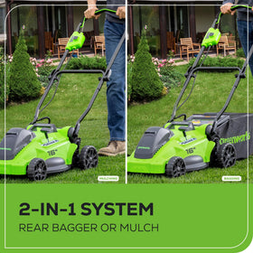 Lightweight Greenworks 40V mower with a compact 16-inch deck for easy navigating