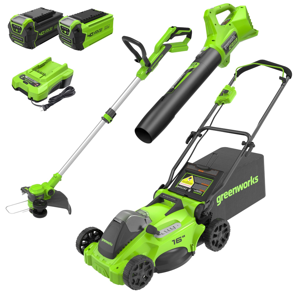 Greenworks 40V mower front view with 16-inch deck for easy maneuvering in small yards