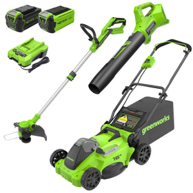 Greenworks 40V mower front view with 16-inch deck for easy maneuvering in small yards