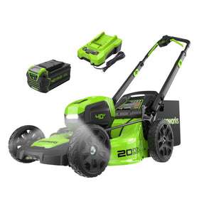 Greenworks 40V mower on a sunlit lawn showing clean, efficient cutting.