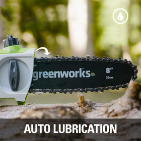 Automatic oiling on Greenworks 40V polesaw ensures smooth operation