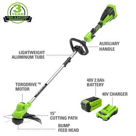 Greenworks 40V trimmer bump-feed head enables quick line advancement.