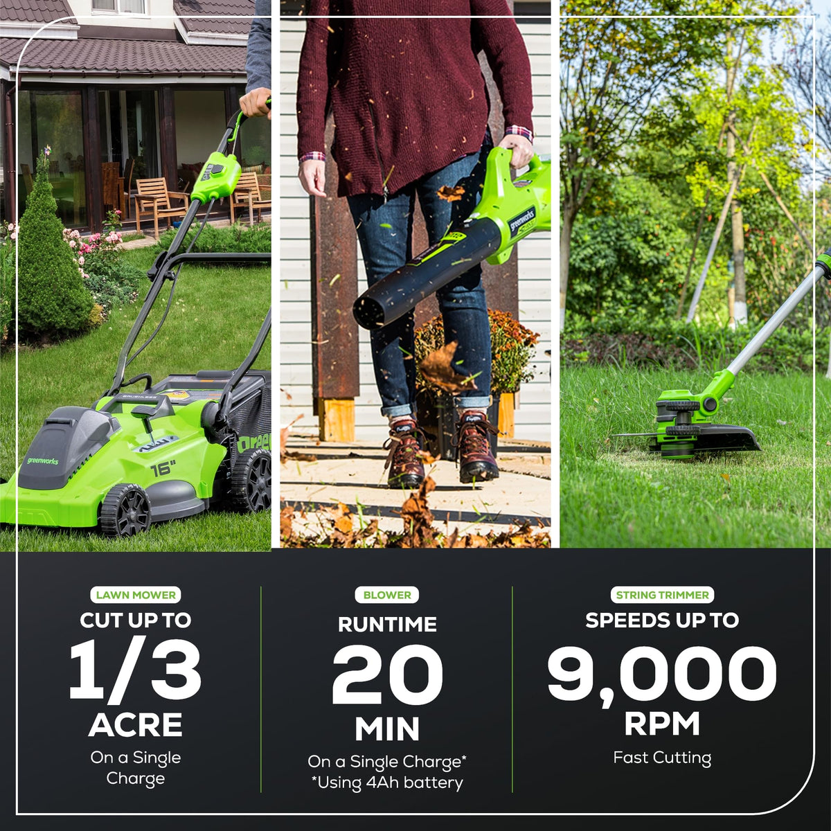 Greenworks 40V trimmer with 90-degree rotating head for flexible edging