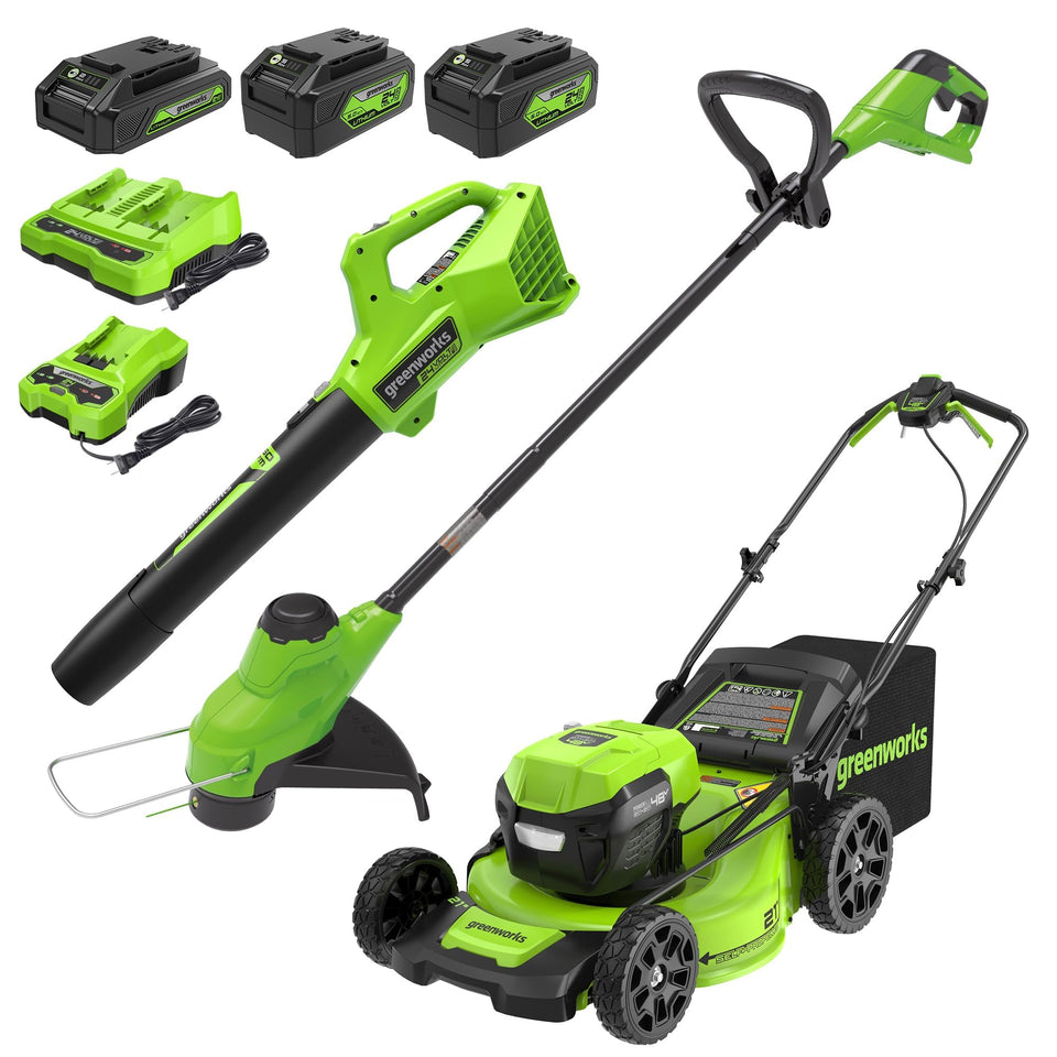Greenworks 48V dual-battery mower front view highlights powerful, efficient cutting