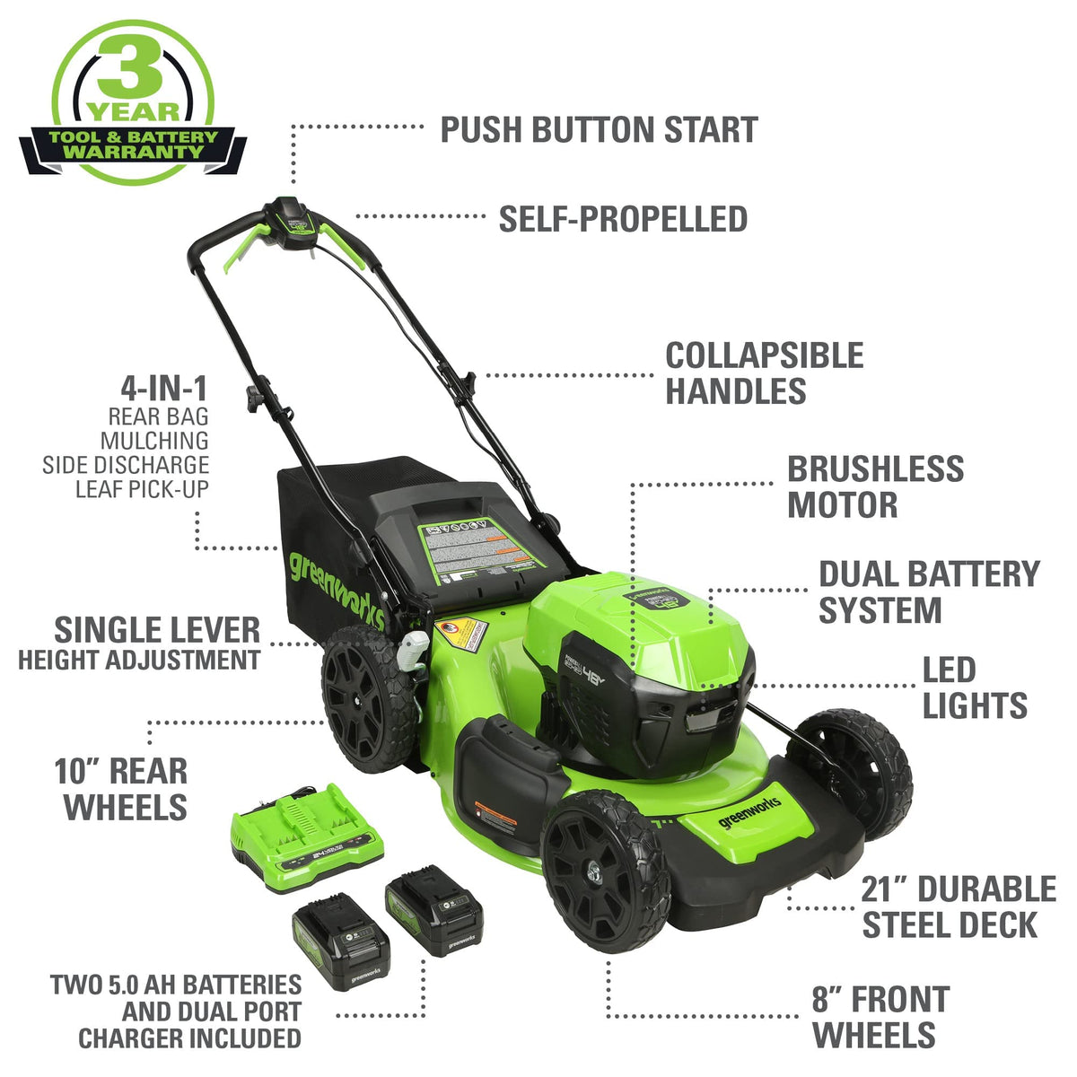 Greenworks 48V dual-battery mower side view shows maneuverability for tight spaces