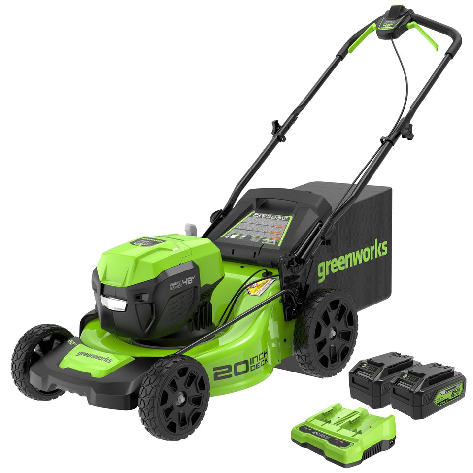 Greenworks 48V lawn mower with LED headlight for safer dusk mowing