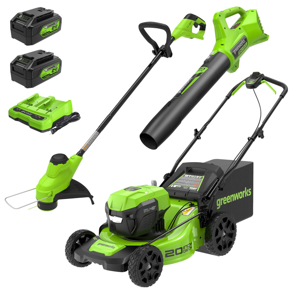 Greenworks 48V mower with 20-inch deck for clean, quiet lawn maintenance.