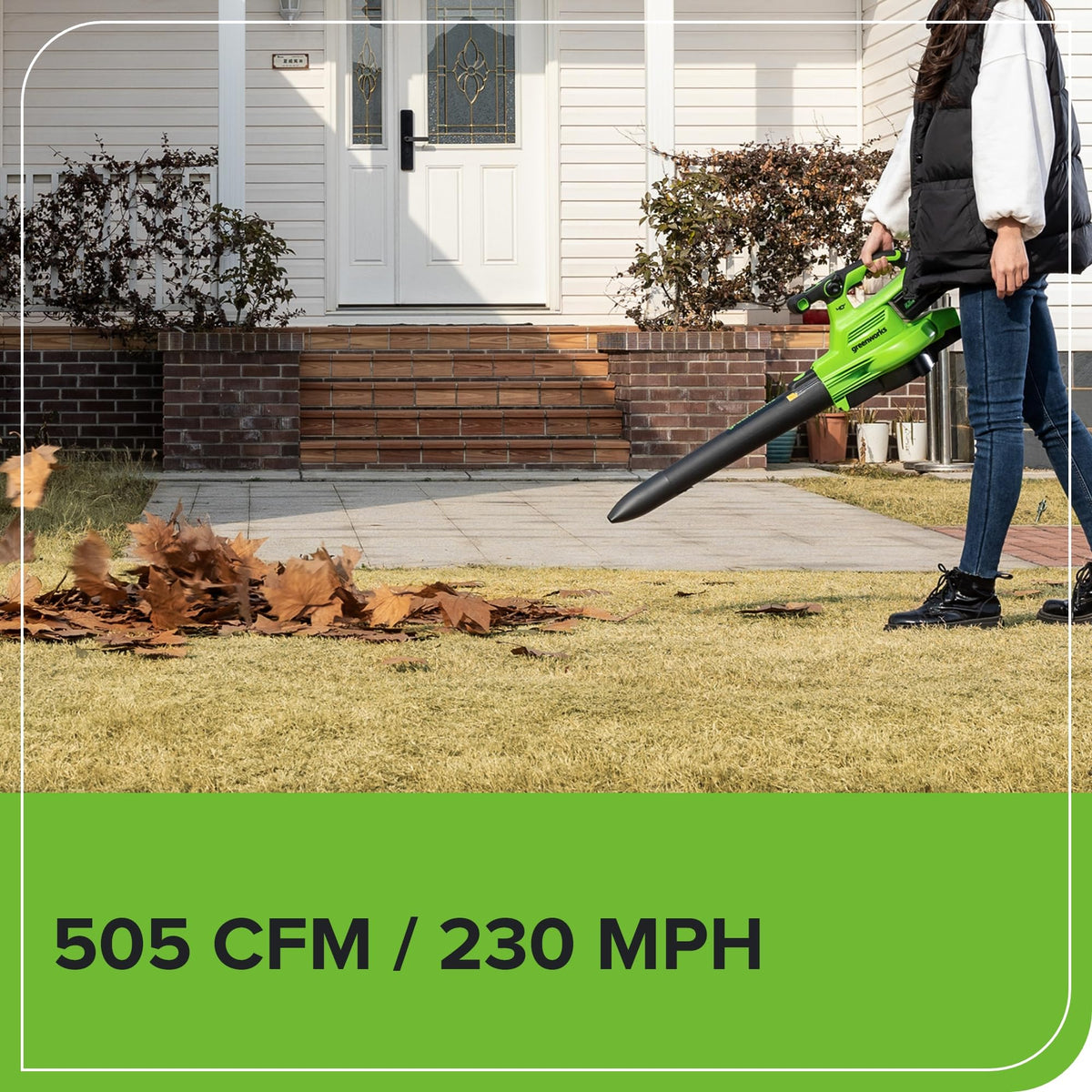 Greenworks 505 CFM cyclonic-airflow clears leaves and debris