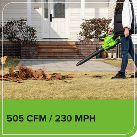 Greenworks 505 CFM cyclonic-airflow clears leaves and debris