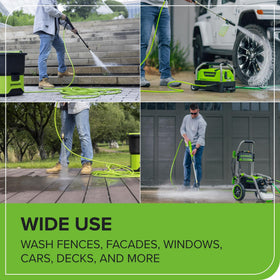 Greenworks 50ft high-pressure hose in use delivering powerful spray for outdoor tasks.